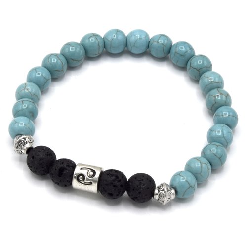 Bracelet signe zodiaque cancer perles de lave et turquoises-bracelet élastique yoga mala énergie-ethnicfeather