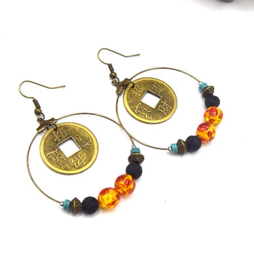 Ethnicfeather -créoles en bronze et perles ambre pièce - feng shui