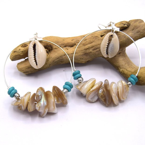  boucles d'oreilles creoles perles de coquille d'eau douce et cauris, cadeaux anniversaire, bijoux femme