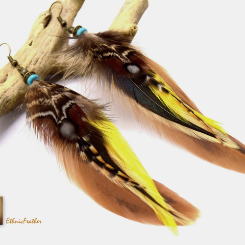 Ethnicfeather - boucles d'oreilles plumes chayton - ethnic feather - bijoux ethniques - bijoux indiens, boucles oreilles en plumes naturelle