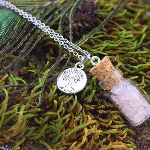 Collier acier inoxydable pendentif fiole en verre quartz rose arbre de vie