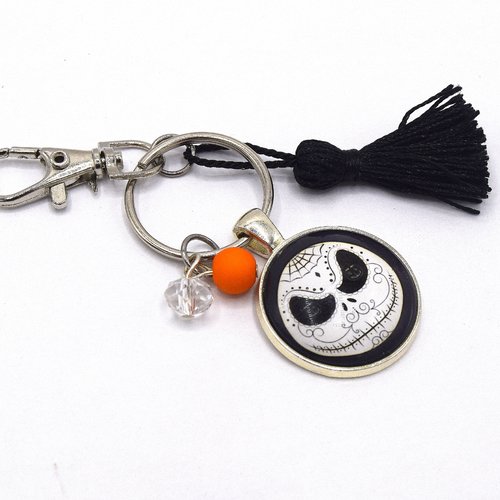 Porte clé tête de mort décoration sac à main, bijoux cabochon pompon, halloween 