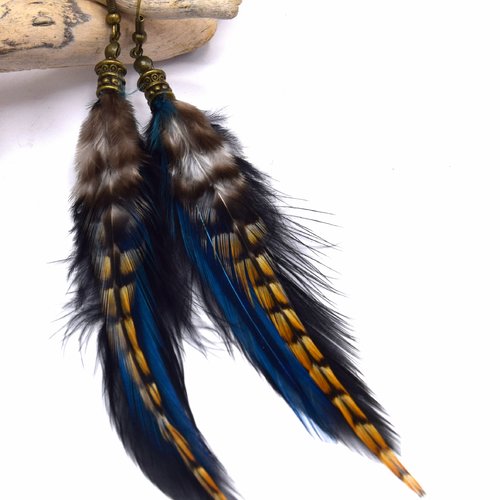 Ethnicfeather - boucles d'oreilles mahala en plumes grizzly bleu et noire