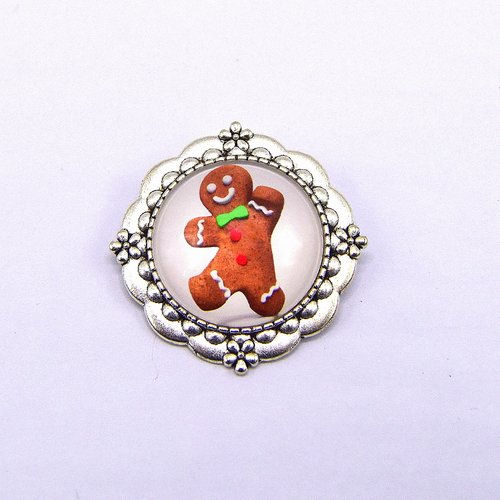 Broche métal argenté cabochon petit biscuit, gingerbread man 