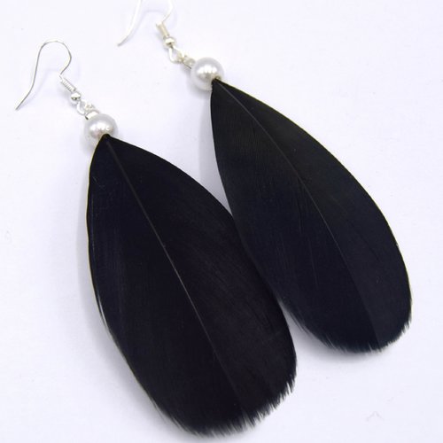 Boucles d'oreilles chumani plumes noires soyeuse - ethnic feather - bijoux ethniques - bijoux fêtes, soirée, 