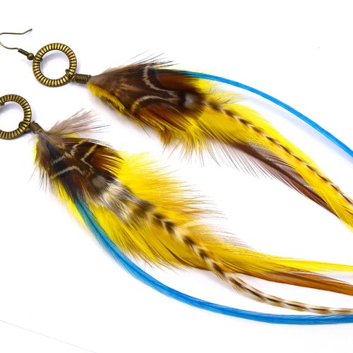 Boucles oreilles donoma plumes longues multicolores - anneaux bronze