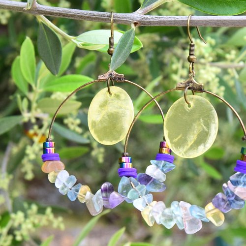 Créoles bronze perles fluorite, bijoux en nacre jaune