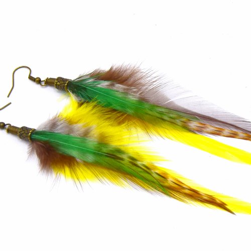 Boucles d'oreilles en plumes migina jaune vert