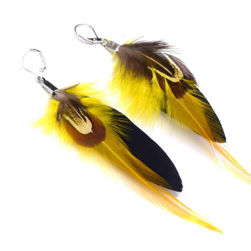 Boucles d'oreilles plumes kaya, plume jaunes et noire, bijoux amérindien