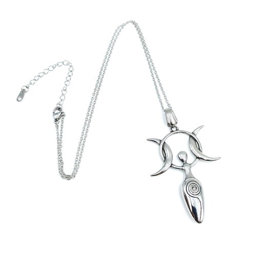 Collier déesse fertilité triple lune - pendentif acier inoxydable 304 argenté - bijou femme spirituel ajustable 45+7cm