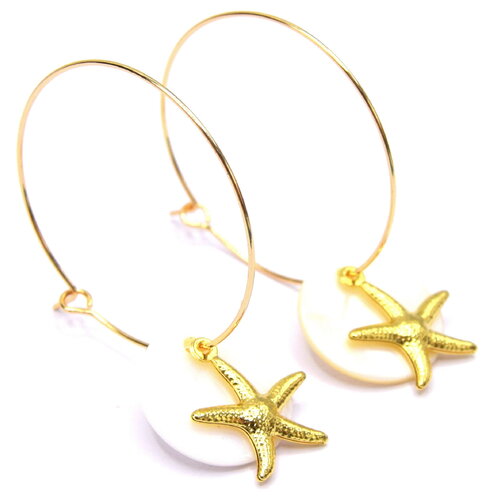 Créoles dorées 18k étoile de mer et nacre - bijoux d'été