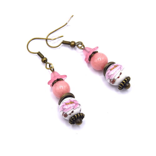 Boucles d'oreilles fleurs rose en porcelaine, boho chic, cadeau femme, anniversaire