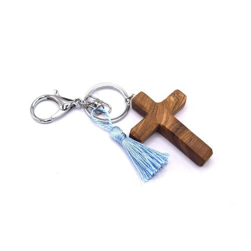 Porte-clés croix en bois d'olivier, pompon bleu, porte clef catholique, religieux, cadeau ami