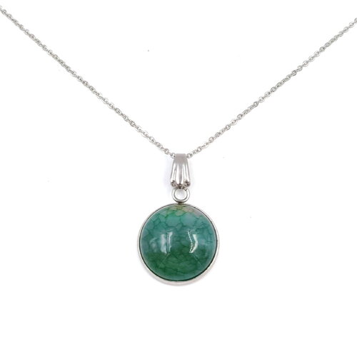 Collier pendentif rond pierre d'agate veine de dragon verte, chaine maille acier inoxydable