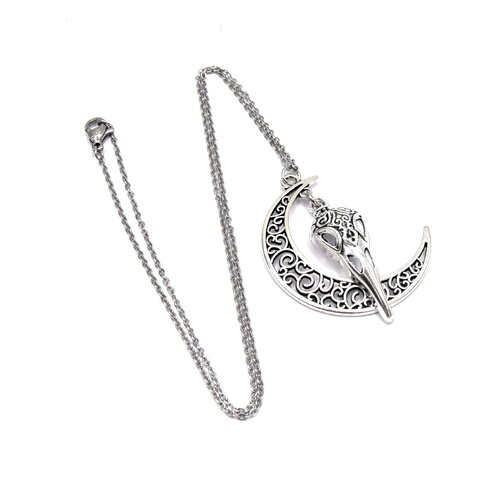 Collier pendentif croissant de lune et crâne d'oiseau, bijoux wicca