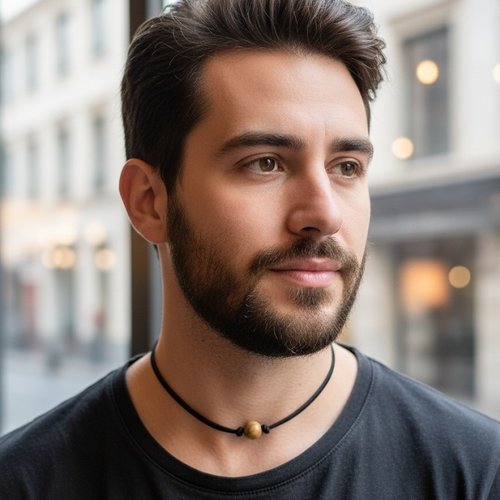 Collier suédine avec perle en olivier ronde, homme et femme