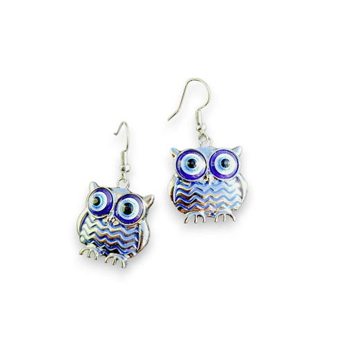 Boucles d'oreilles chouette aux yeux bleus