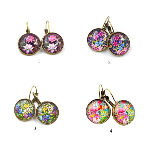 Boucles d'oreilles dormeuses cabochon en verre fleurs de printemps