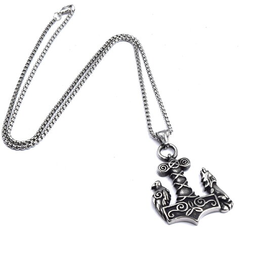 Collier pendentif mjöllnir marteau de thor loup et corbeau, viking, dieu odin , en acier inoxydable 304