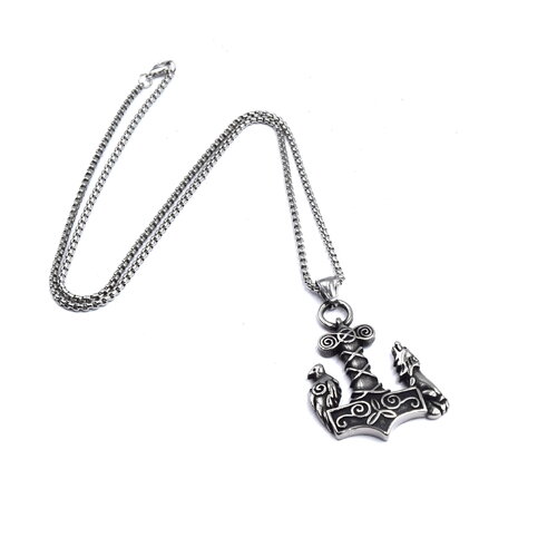 Collier pendentif mjöllnir marteau de thor loup et corbeau, viking, dieu odin , en acier inoxydable 304