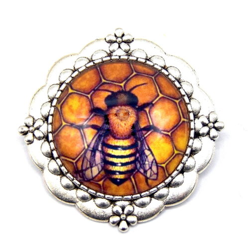 Broche métal argenté cabochon abeille miel