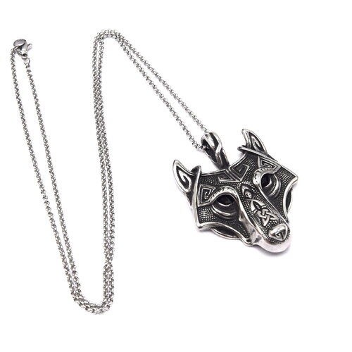 Collier pendentif tête de loup gravé celtique thème viking en acier inoxydable 304