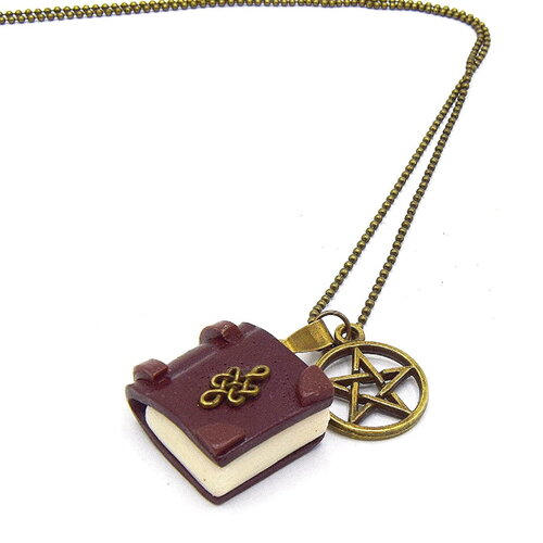 Collier grimoire wicca et sorcier, mini livre pentacle, pendentif magie, ésotérique