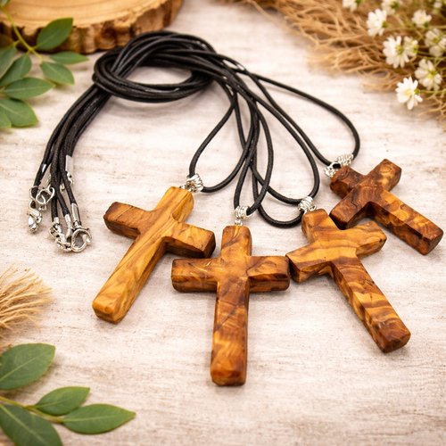 Collier croix en bois d’olivier fait main – pendentif naturel avec cordon