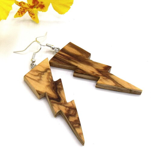 Boucles d'oreille éclair d'olivier, bois naturel d'olivier, fait main