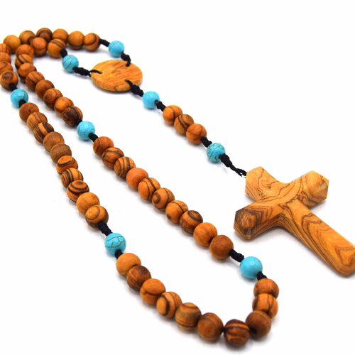 Chapelet avec croix en bois d'olivier à la main de façon artisanal , cadeau fête des mères, perle en olivier, turquoise