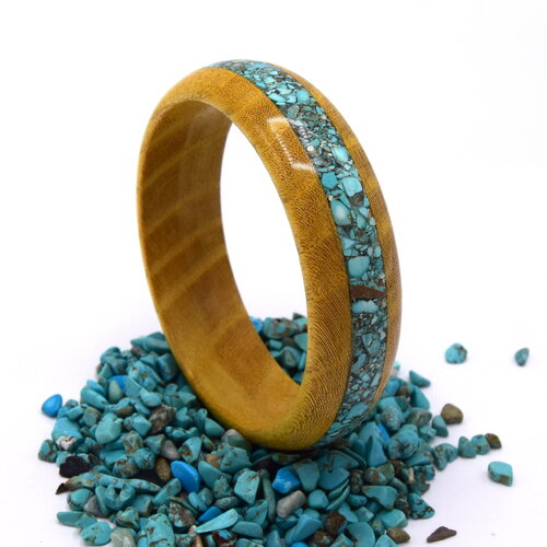 Bracelet rond en bois d'acacia incrusté de turquoise, artisanat français fait main