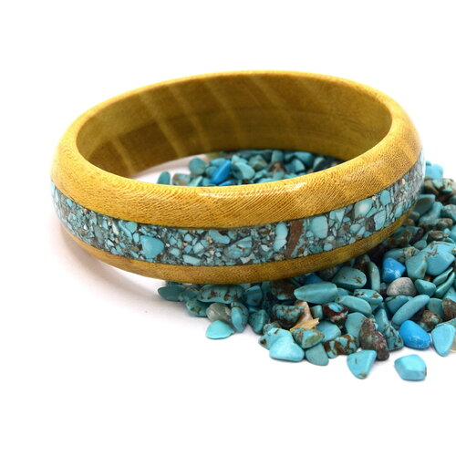 1 bracelet rond en bois d'acacia incrusté de turquoise, artisanat français fait main