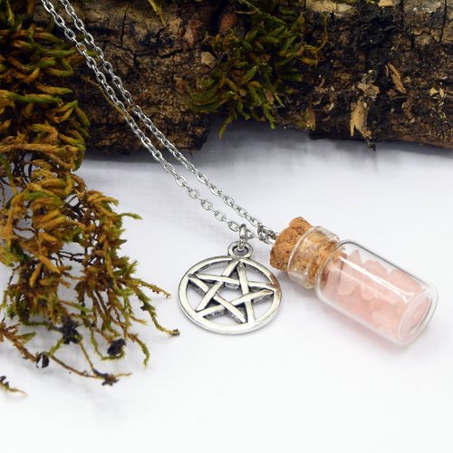 Collier acier inoxydable pendentif fiole en verre quartz rose étoile wicca