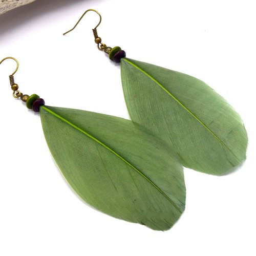 Ethnicfeather - boucles d'oreilles plumes feuilles vertes