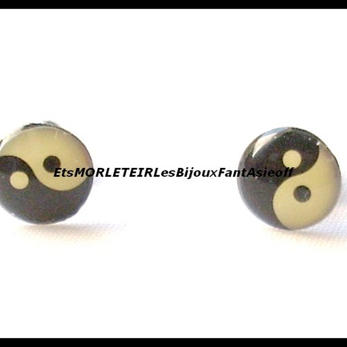 Puces d'oreilles ying-yang noire et blanc avec poussoir