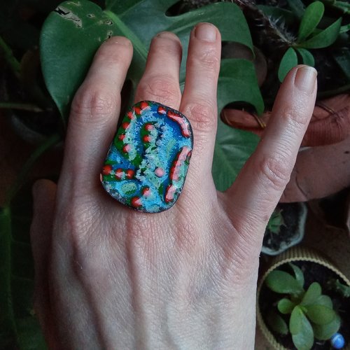 Bague réglable en émaux sur cuivre bleu