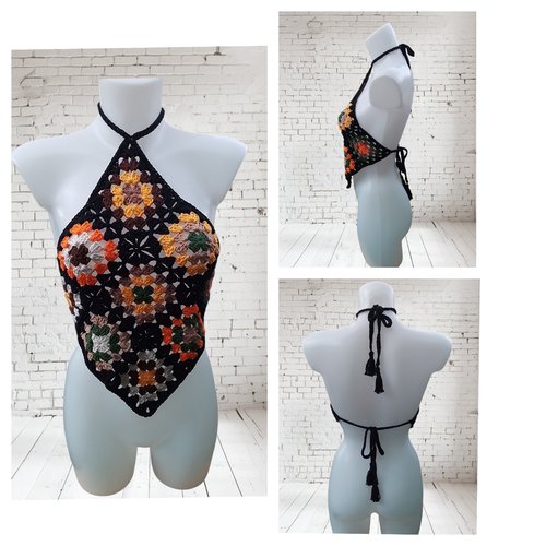 Top foulard bustier dos nu- maille au crochet à motif -  noir -multicolore tu