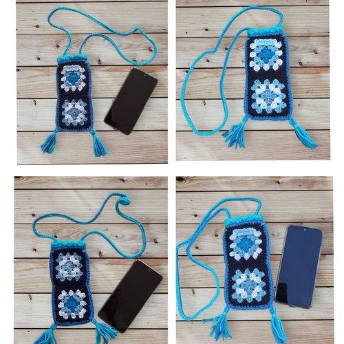 Pochette téléphone smartphone fait main multicolore bleu/blanc