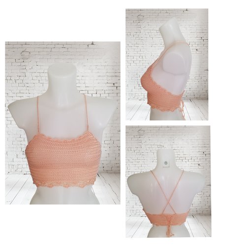 Crop top dentelle crochet saumon xs/s soie/viscose femme adolescent handmade 