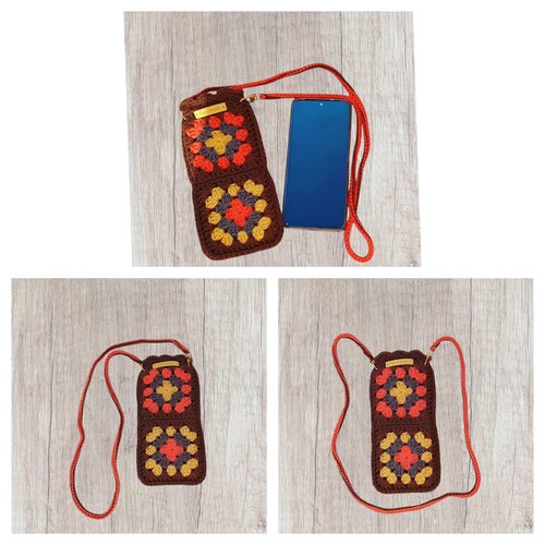 Pochette bandoulière téléphone smartphone  marron multicolore 19x10
