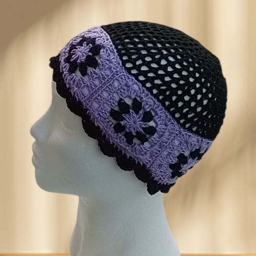 Bonnet ajouré femme été noir/lilas taille unique