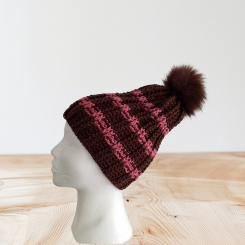 Bonnet hiver bi-colore marron/vieux rose fait main au crochet