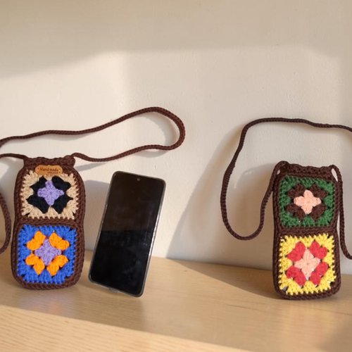 Pochette téléphone bandoulière marron multicolore 19x9 en 100% coton