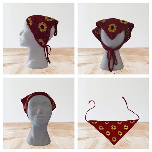 Bandana  foulard femme bordeaux jaune noir coton 51x24 cm
