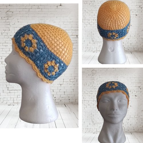 Bonnet ajouré femme été jaune/bleu grisé taille s/m