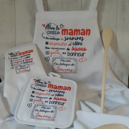 Ensemble tablier, manique et gant de cuisine "maman"