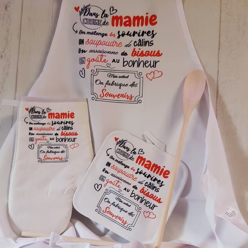 Ensemble tablier, manique et gant de cuisine "mamie"
