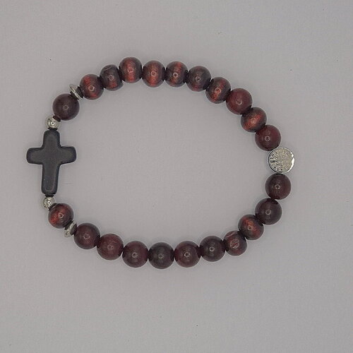 Bracelet perles en bois avec croix et st benoît argenté