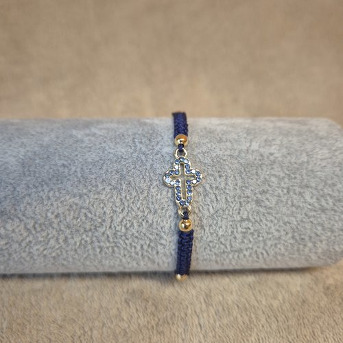 Bracelet nylon bleu avec croix dorée