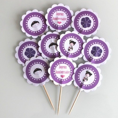 10 décorations pour petits gateaux (cupcakes toppers ) violet thème japon 